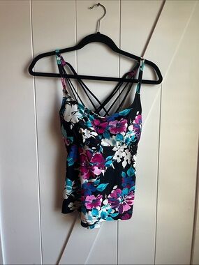 Floral Crisscross Tankini Top in Black with Pink & Teal Flowers